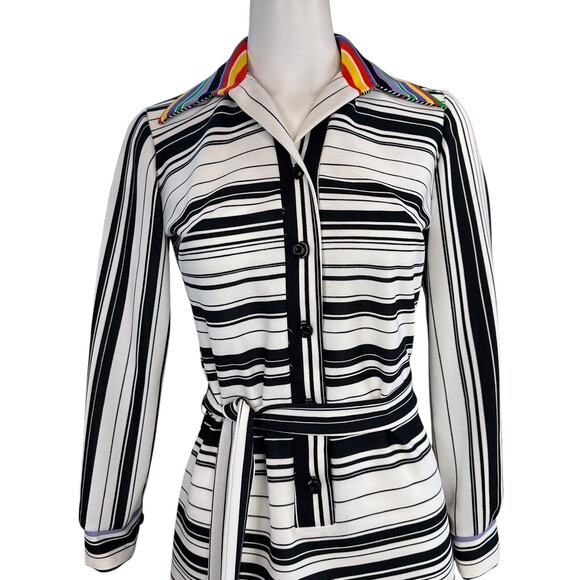 Vintage Jennifer Gee Dress 1970s Big Collar Striped Long Sleeve Belted Mod 8 - Picture 2 of 10